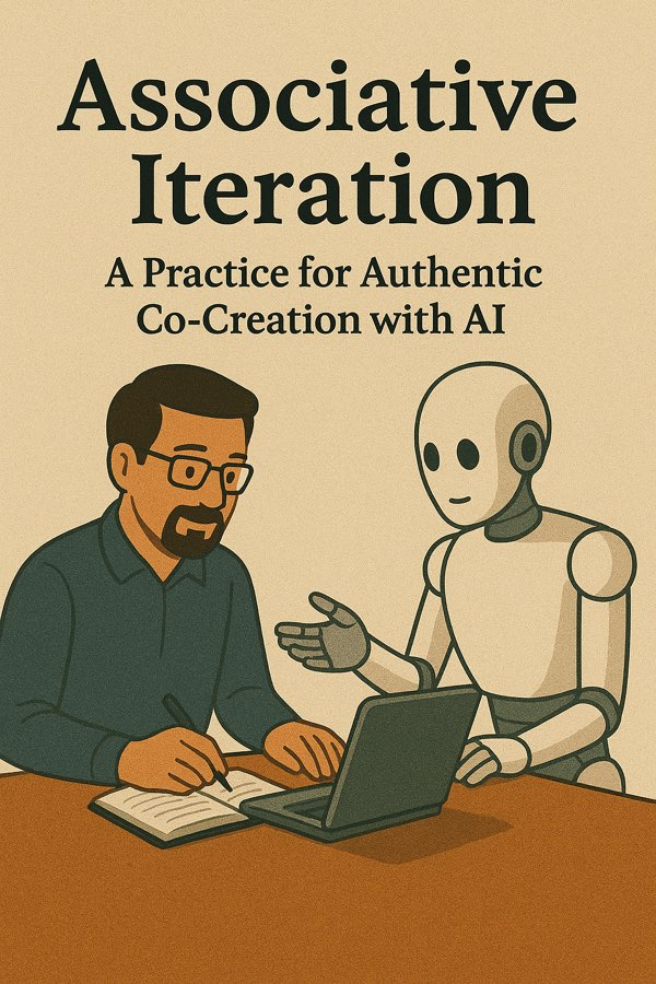 Illustration: a man at a laptop and a robot sitting beside him at the same desk.