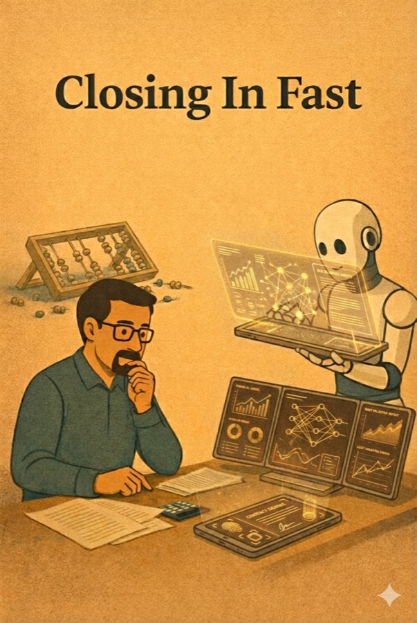 Illustration: a man at a desk surrounded by screens of charts, a robot leaning in beside him.