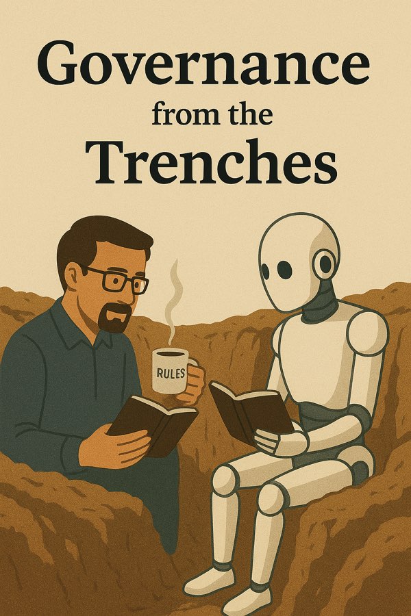 Illustration: a man and a robot sitting in a trench, each reading, mugs beside them.