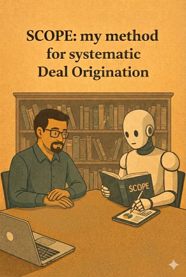 Illustration: a man at a laptop in a library, a robot beside him holding an open folder.