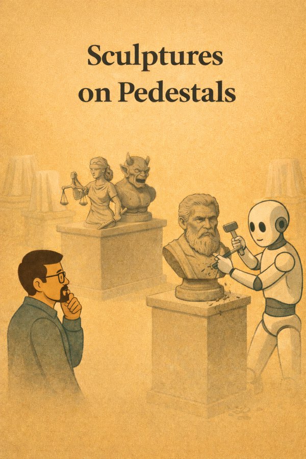 Illustration: a man looking at busts on pedestals in a gallery, a robot standing at one of them.
