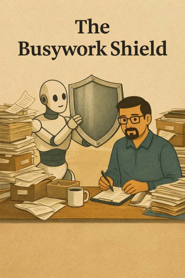 Illustration: a robot holding a large shield while a man works through papers beside it.