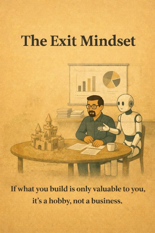 Illustration: a man and a robot at a round table with a model of a small town on it.