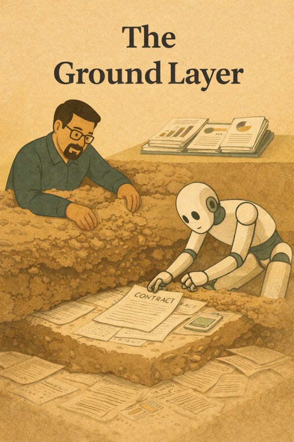 Illustration: a man sorting documents in a trench while a robot stands at a chart board.