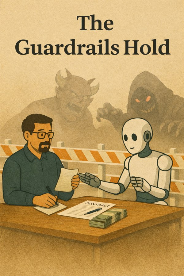 Illustration: a man and a robot at a desk behind a striped barrier, a dark figure looming behind them.